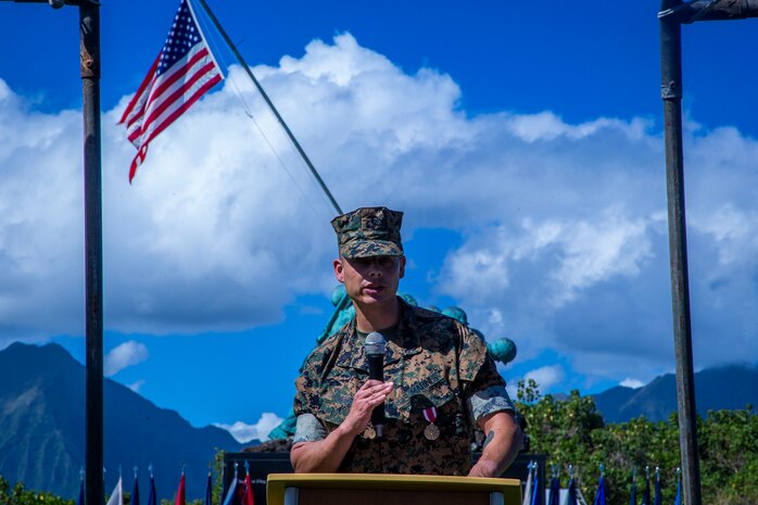 U.S. Marine Corps Sgt. Maj. Alfonso Ramos Jr., off-going sergeant major, Marine Unmanned Aerial Vehicle Squadron 3, speaks to guests during the VMU-3 relief and appointment ceremony, Marine Corps Base Hawaii, March 4, 2020. Sgt Maj. Alfonso Ramos Jr. relinquished responsibilities to Sgt. Maj. Alejandro Garcia Jr. (U.S. Marine Corps photo by Cpl. Matthew Kirk)
