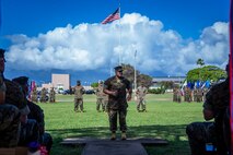 U.S. Marine Corps Sgt. Maj. Robert Ixtlahuac, off-going sergeant major, Headquarters Battalion, Marine Corps Base Hawaii, speaks to guests during the HQBN, MCBH, relief and appointment ceremony, MCBH, March 5, 2020. Sgt. Maj. Robert Ixtlahuac relinquished responsibilities to Sgt. Maj. Alfonso Ramos Jr. (U.S. Marine Corps photo by Cpl. Matthew Kirk)