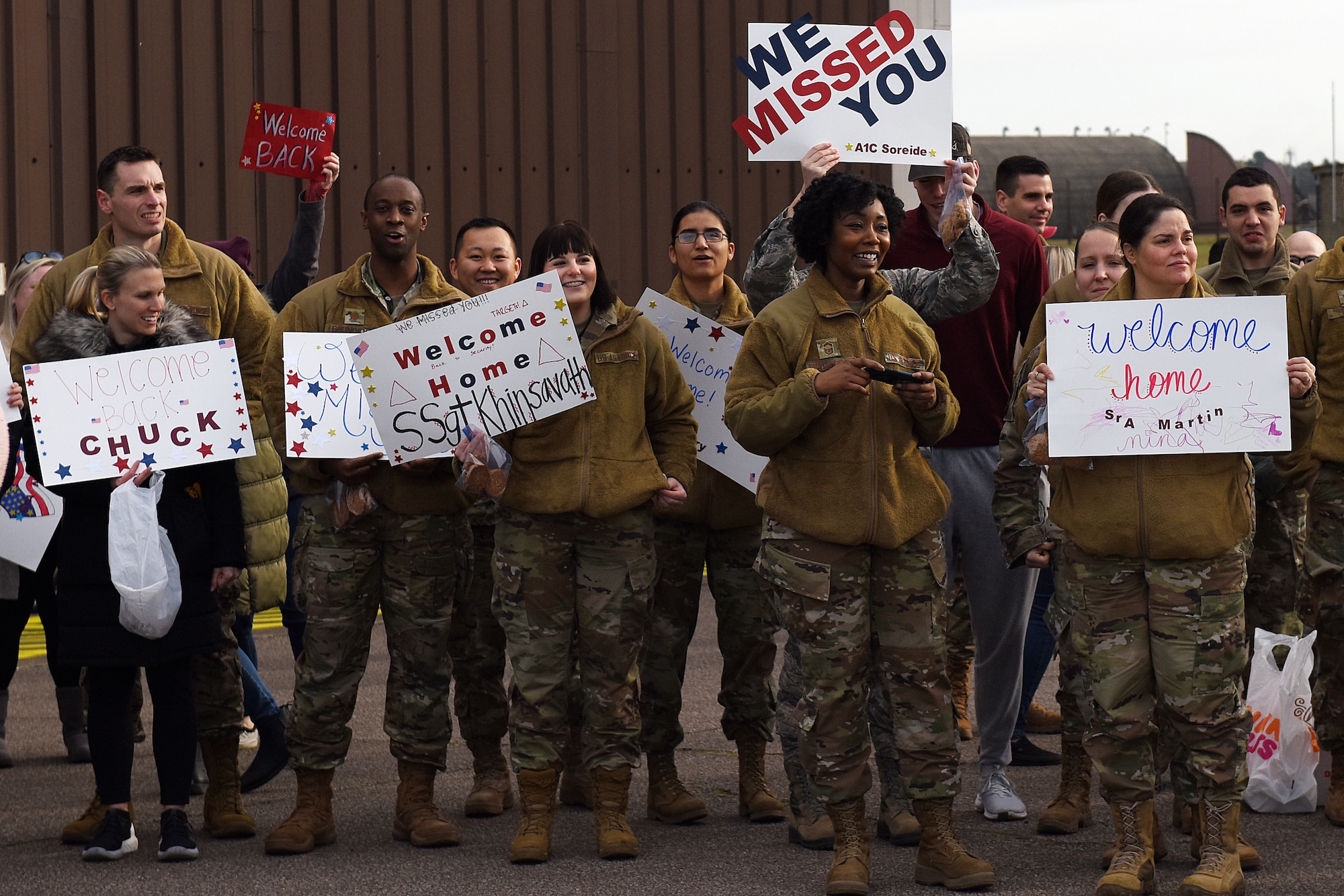 Friends and family welcome Airmen assigned to the 494th Fighter Squadron home from deployment at Royal Air Force Lakenheath, England, March 4, 2020. Airmen from the 48th Fighter Wing returned from a deployment supporting U.S. Air Force Central Command.  (U.S. Air Force photo by Airman 1st Class Jessi Monte)