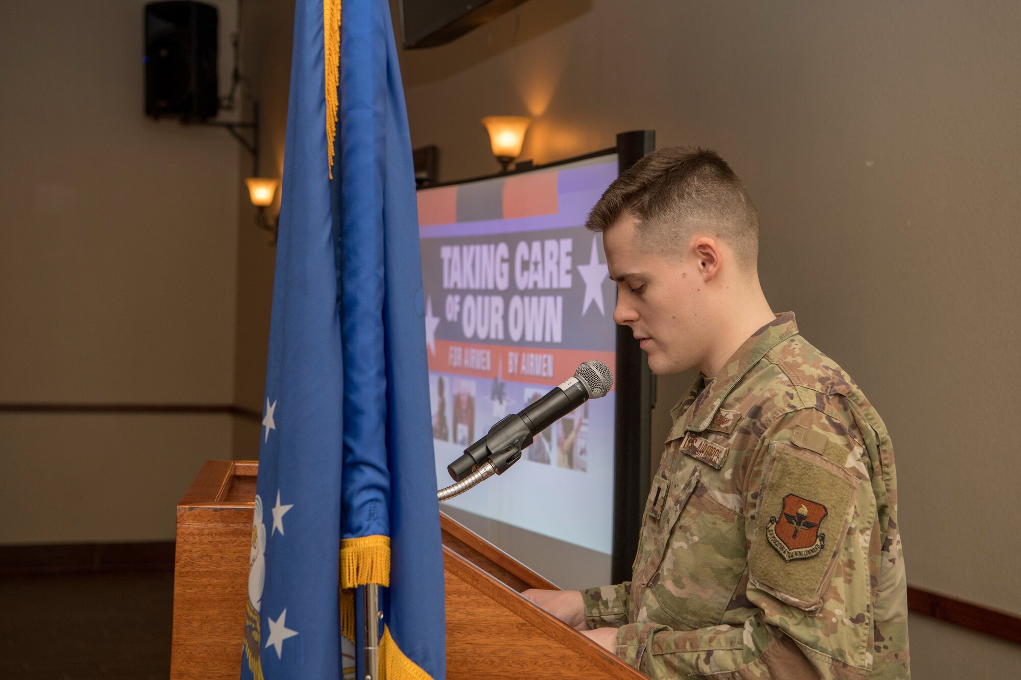Second Lt. Jonathan Banks, Luke Air Force Base installation project officer, speaks during the Air Force Assistance Fund campaign kickoff event March 5, 2020, at Luke AFB, Ariz.
