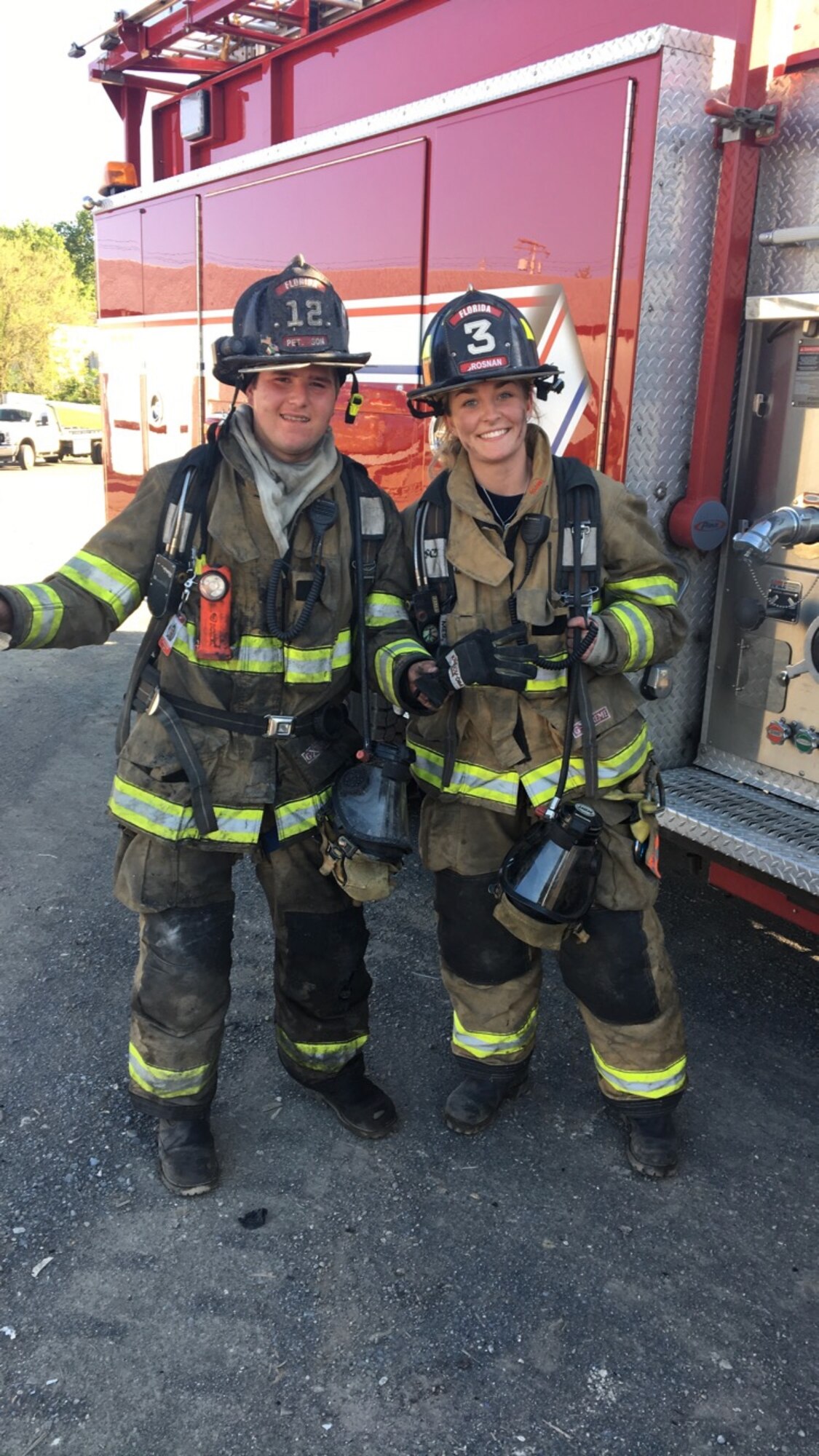 Airman 1st Class Sinéad Brosnan, 27th Special Operations Health Care Operations Squadron aerospace medical technician, poses for a photo after responding to an emergency with her fire team in Florida, New York, in 2017. Brosnan began working with the firefighting team at age 16 and still volunteers when she can. (Courtesy Photo)