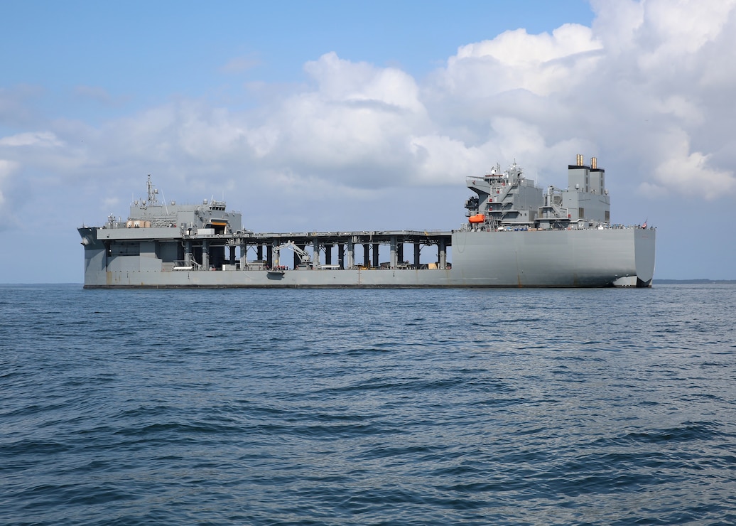 CHESAPEAKE BAY (Sept. 15, 2019) The Military Sealift Command expeditionary sea base USNS Hershel 'Woody' Williams (ESB 4) is at anchor in the Chesapeake Bay, Sept. 15, 2019 during mine countermeasure equipment testing. (U.S. Navy photo by Bill Mesta/Released)