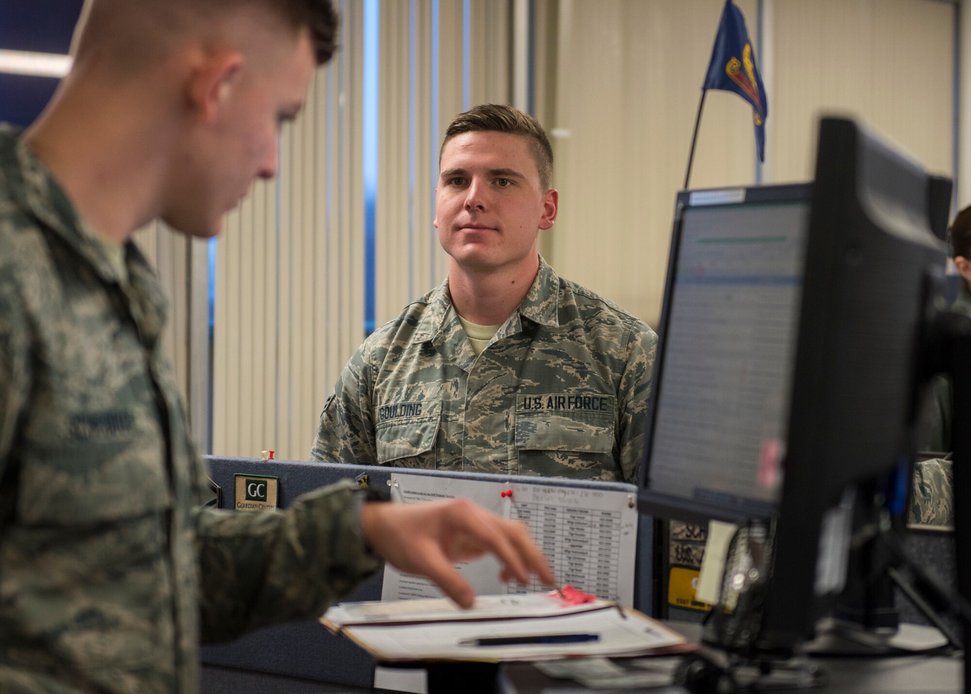 Airmen from the 124th Fighter Wing participate in a pre-deployment function line at Gowen Field, Boise, Idaho, Jan. 11, 2020. The PDF line, hosted by the 124th Force Support Squadron, ensures Airmen are equipped with proper documentation and essentials prior to deployment. (U.S. Air National Guard photo by Airman 1st Class Taylor Walker)
