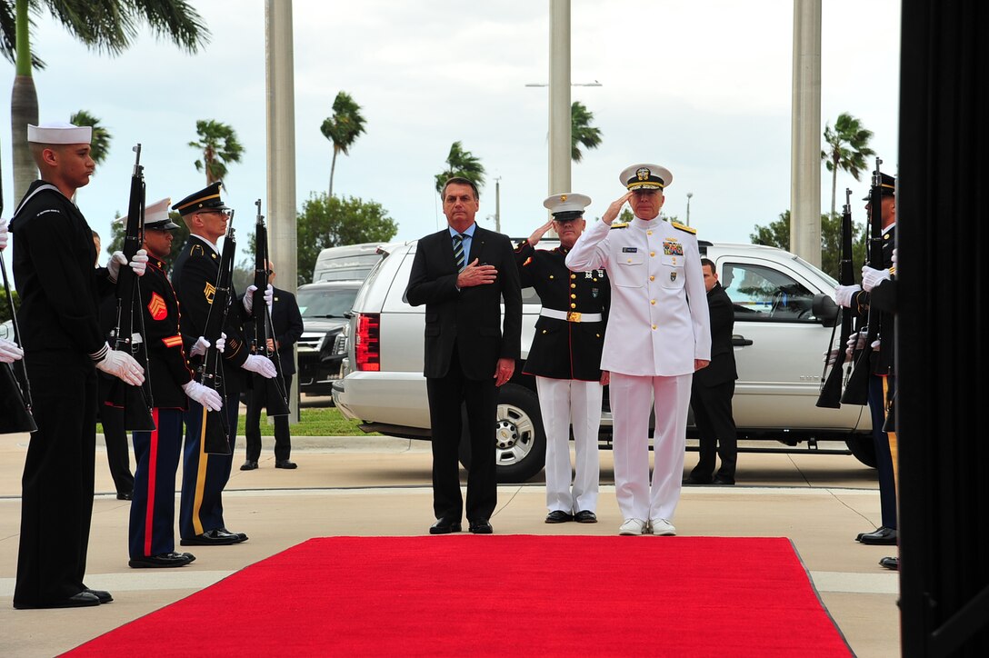 Brazilian President Jair Bolsonaro arrives at U.S. Southern Command headquarters.