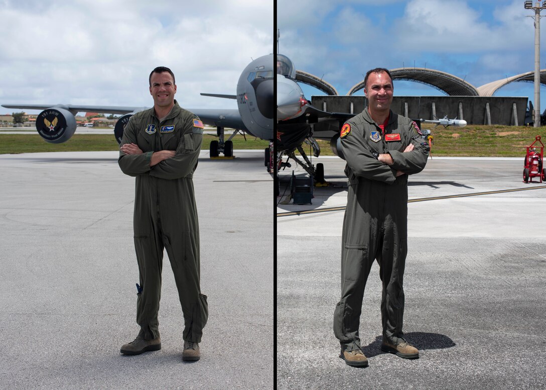 Lt. Col. Julio Rodriguez (right) and his brother Lt. Col. Antonio Rodriguez (left) pose in front of their respective aircraft February 27, 2020 at Andersen Air Force Base, Guam.