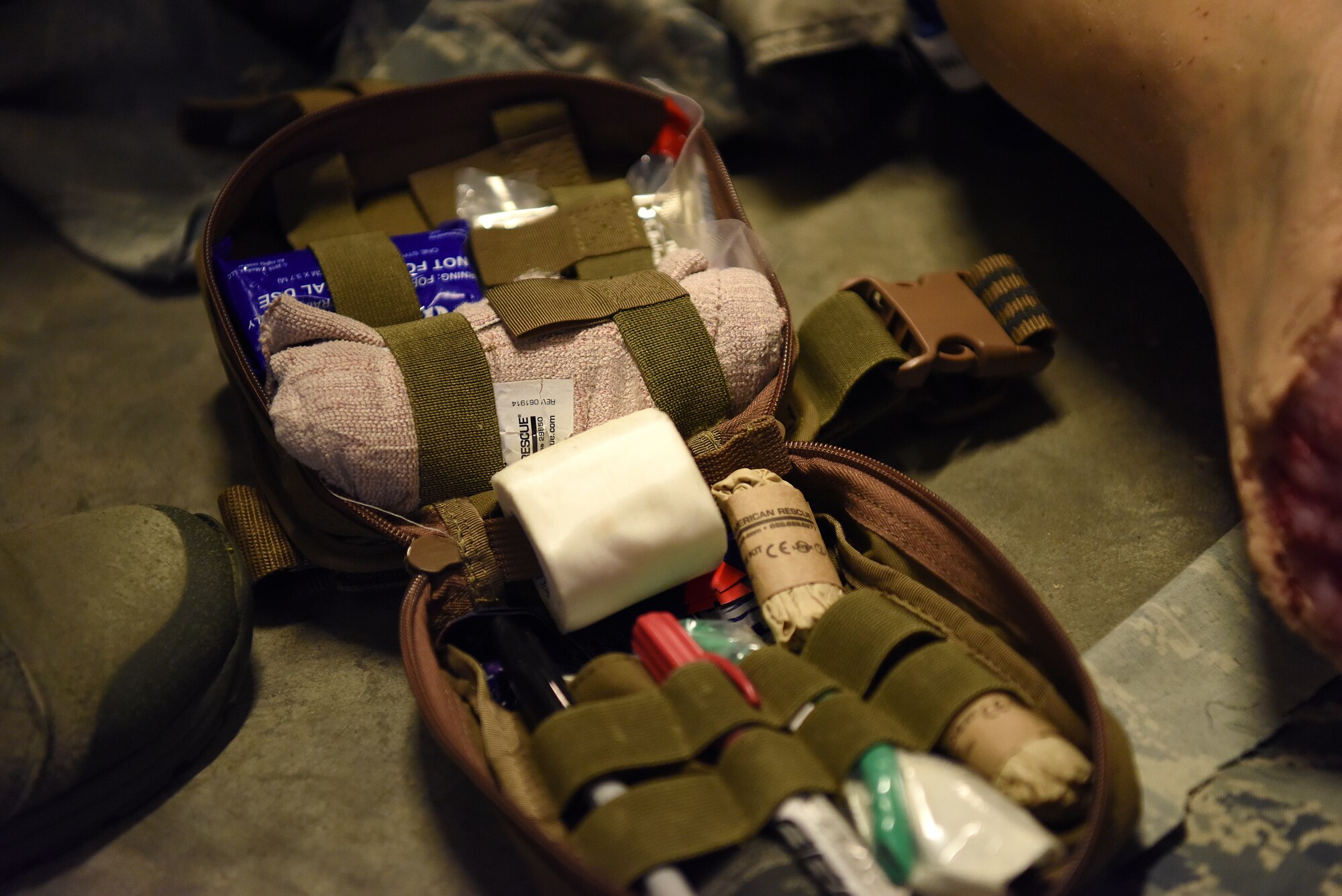 Medical equipment is displayed during the Tactical Combat Casualty Course inside Keesler Medical Center at Keesler Air Force Base, Mississippi, Feb. 19, 2020. The TCCC is replacing self-aid and buddy care to better prepare medics for deployed environments. (U.S. Air Force photo by Senior Airman Suzie Plotnikov)