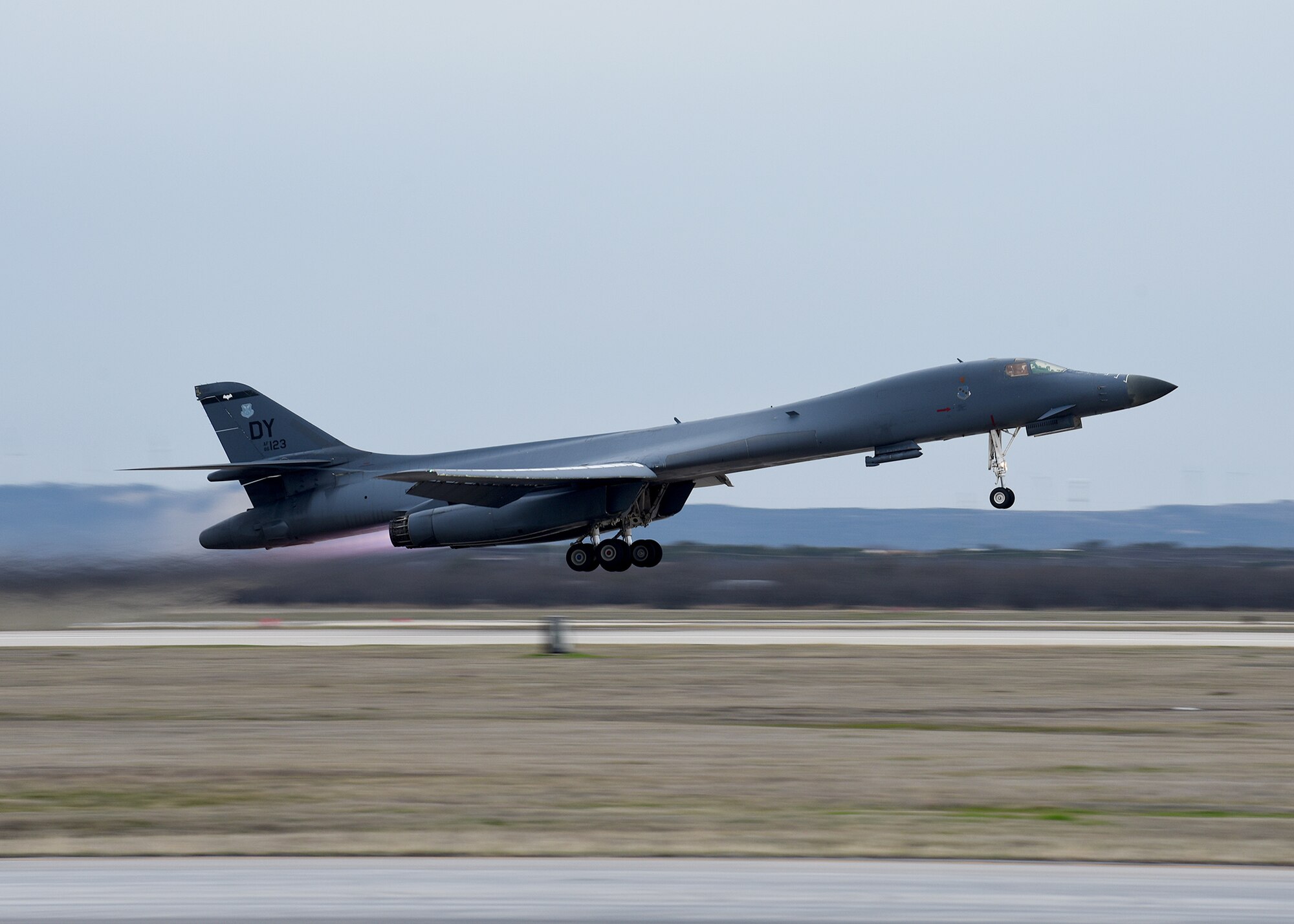 A B-1B Lancer aircraft takes off from the flightline at Dyess Air Force Base, Texas, Mar. 2, 2020.