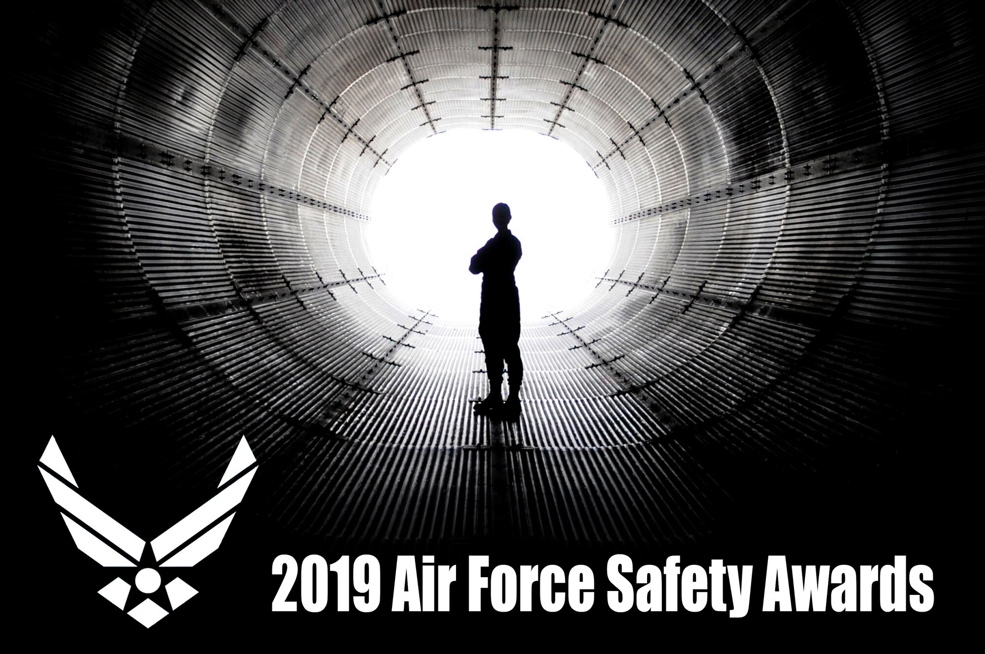 2019 Air Force Safety Awards graphic depicted by silhouette in the middle of a wind tunnel.