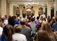 Educators and community influencers with Recruiting Stations Cleveland and Richmond observe a drill instructor introduction during the Educator Workshop on Marine Corps Recruit Depot (MCRD) Parris Island, S.C., Jan. 15, 2020. Participants with Recruiting Stations Cleveland and Richmond visited MCRD Parris Island for a four-day period to observe recruit training and gain a better understanding of how recruits are transformed into Marines. (U.S. Marine Corps photo by Cpl. Cody J. Ohira)