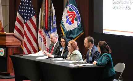 Members from U.S. Army Contracting Command - Redstone and other agencies discuss source selection during Team Redstone's APBI. Panel members (left to right) David Zecher, Ginger Rosacia, Kathleen Miller, Barry Byrd, Debbie Muldoon.