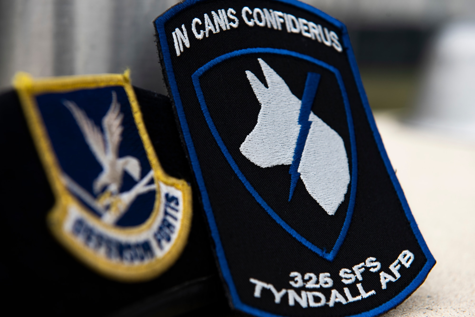 Pictured is the security forces beret and 325th Security Forces Squadron military working dog unit patch owned by Tech. Sgt. Marcus Lavalais, 325th SFS MWD unit kennel master at Tyndall Air Force Base, Florida, March 3, 2020. This photo was taken while doing a demonstration for K-9 Veterans Day. (U.S. Air Force photo by Staff Sgt. Magen M. Reeves)