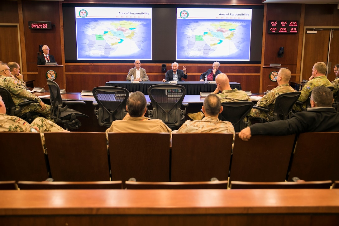 Former senior leadership of the Rapid Deployment Joint Task Force (RDJTF) gives a professional military education session for the members of U.S. Central Command during the 40th anniversary of the RDJTF on MacDill Air Force Base, March 2, 2020. (U.S. Marine Corps photo by Sgt. Roderick Jacquote)