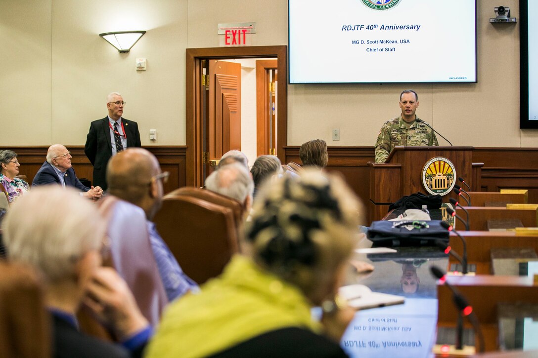 U.S. Army Maj. Gen. D. Scott McKean, the chief of staff of U.S. Central Command, speaks to former members of the Rapid Deployment Joint Task Force (RDJTF) during the 40th anniversary of the RDJTF on MacDill Air Force Base, March 3, 2020. (U.S. Marine Corps photo by Sgt. Roderick Jacquote)