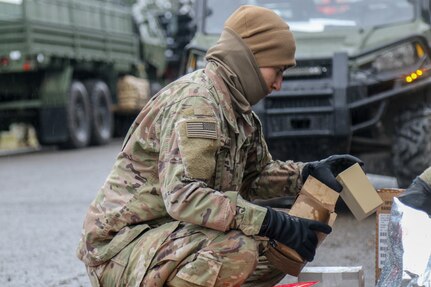 U.S. Army Pvt. Patricia Luera, a petroleum supply specialist assigned to the 504th Composite Supply Company, 553rd Combat Sustainment Support Battalion, 1st Cavalry Division Sustainment Brigade, conducts equipment inventory during an Army Prepositioned Stock draw in Zutendaal, Belgium, Feb. 27, 2020. In support of DEFENDER-Europe 20, APS will be drawn from four sites in Belgium, Germany and the Netherlands. DEFENDER-Europe 20 will build strategic-level readiness and demonstrate the U.S. military’s ability to rapidly deploy a large combat-credible force in support of the U.S. National Defense Strategy. (U.S. Army photo by Sgt. Alleea Oliver)