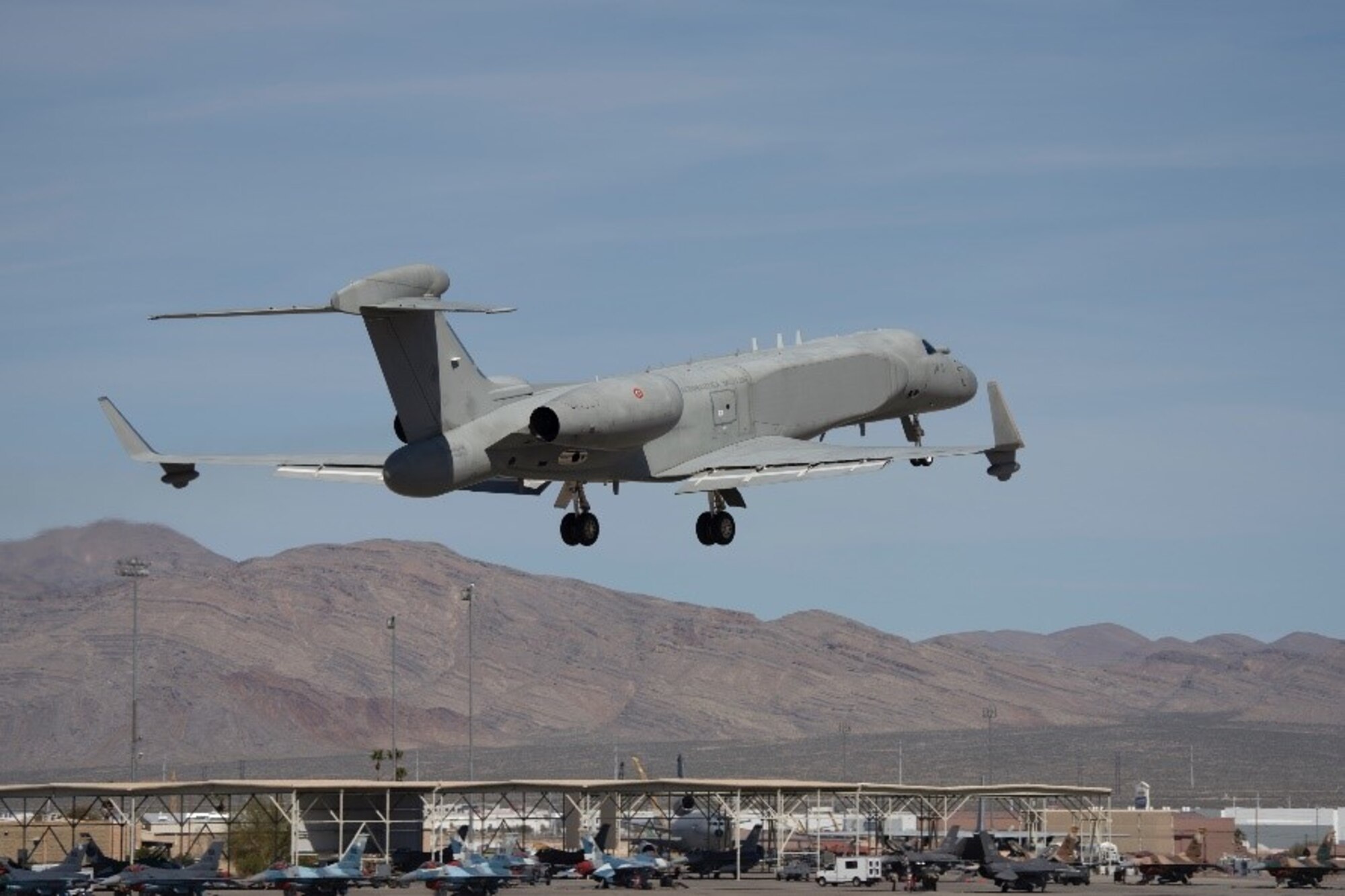 An aircraft takes off.