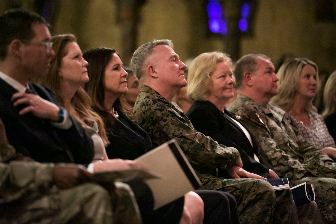 U.S. Marine Corps Gen. Kenneth F. McKenzie Jr., the commander of U.S. Central Command, center, Mrs. Marilyn McKenzie, right center, Fleet Master Chief James Herdel, and Mrs. Stephanie Herdel, attend the Military Spouses A Joint Initiative event hosted by Mrs. Karen Pence, Second Lady of the United States, at the Tampa Bay Theater, March 4, 2020. Pence and leaders from the U.S. Chamber of Commerce discussed nationwide efforts to create workforce development solutions for military spouses. (U.S. Marine Corps photo by Sgt. Roderick Jacquote)