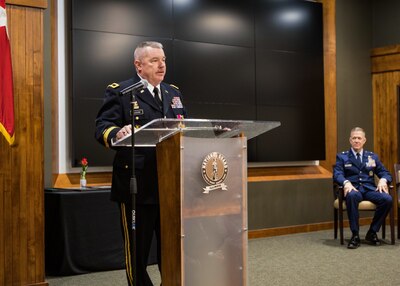 Brig. Gen. Michael Glisson of Festus, Missouri, Director of the Joint Staff, Illinois National Guard, speaks to the audience during his retirement ceremony March 7, at the Illinois Military Academy in Springfield, Illinois.