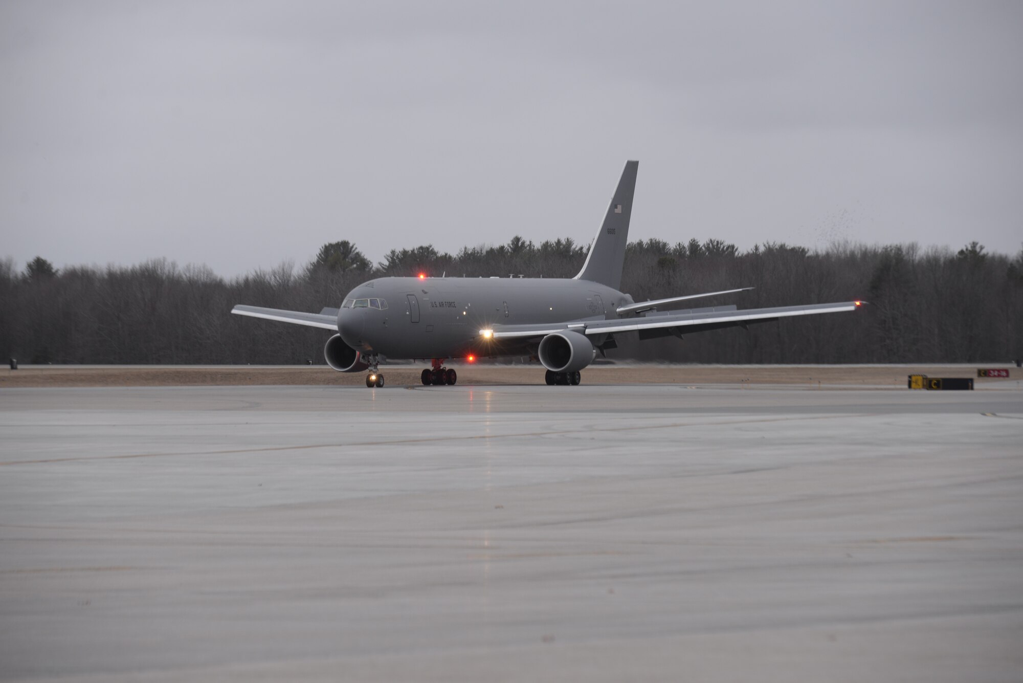 Aircrew assigned to the 133rd Air Refueling Squadron, deliver the 157th Air Refueling Wing’s seventh KC-46A from Boeing Co., March 6, 2020, at Pease Air National Guard Base, N.H. On board, U.S. Air Force Maj. Gen. Thomas J. Kennett, the Air National Guard Assistant to the Commander, Air Mobility Command, was the delivery official. (U.S. Air National Guard photo by Tech. Sgt. Aaron Vezeau)