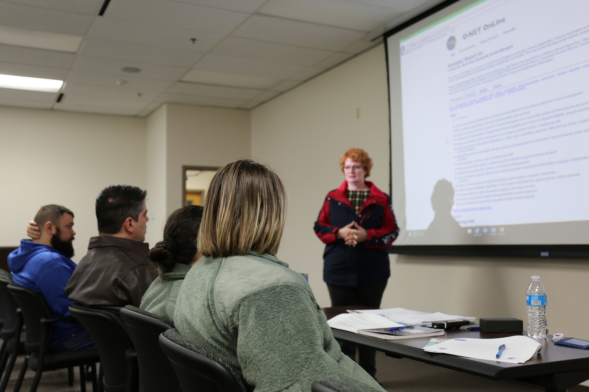 Jill Marconi-Pyclik, the 446th Airman and Family Readiness director, teaches Reservists resume writing skills on Joint Base Lewis-McChord, Washington, March 8, 2020.