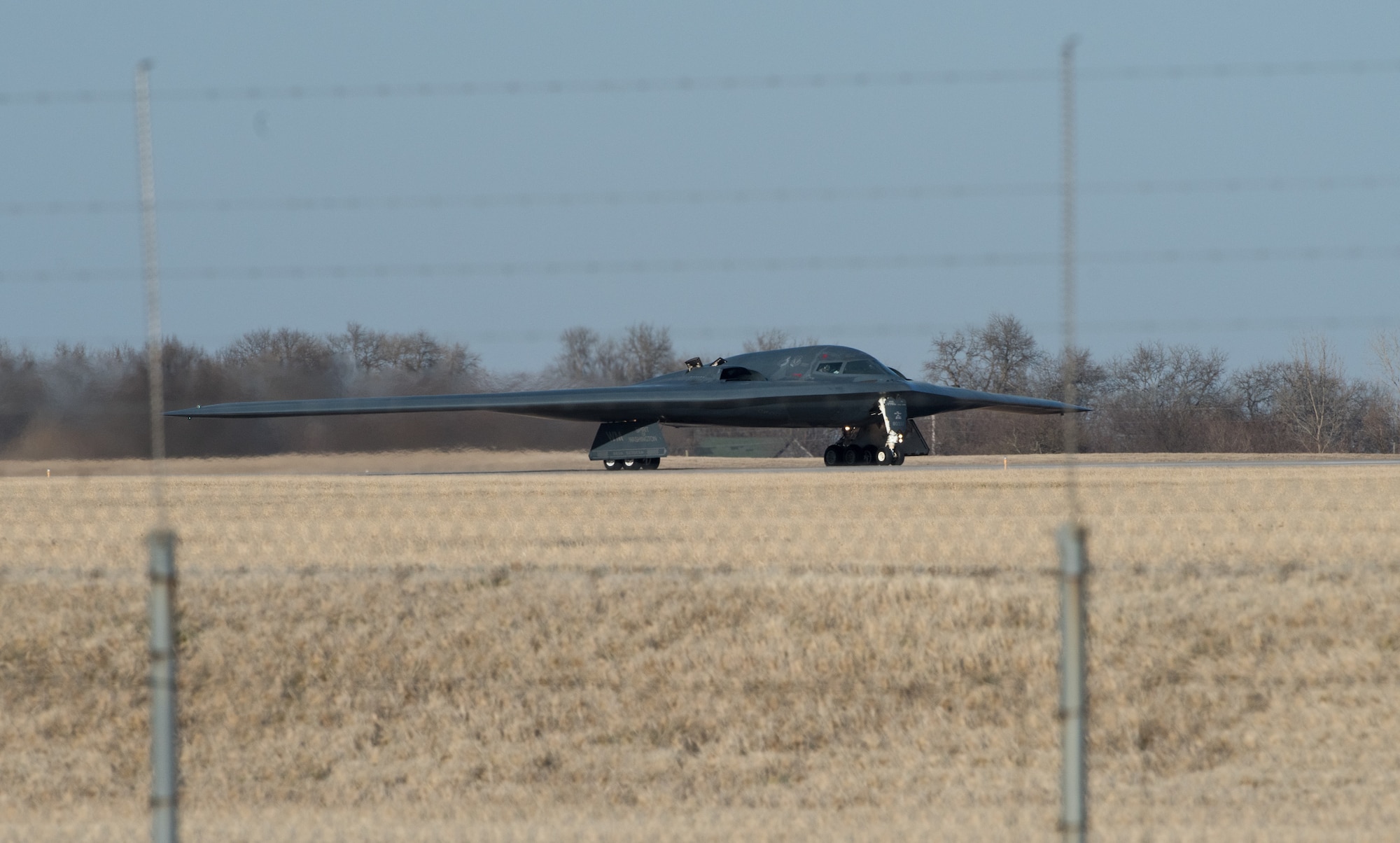 A B-2 Spirit Stealth Bomber takes off at Whiteman Air Force Base, Missouri, March 8, 2020. The B-2 is slated to support U.S. Strategic Command Bomber Task Force operations in Europe. These missions provide opportunities to train and work with our allies and partners in joint and coalition operations and exercises. (U.S. Air Force photo by Airman 1st Class Christina Carter)