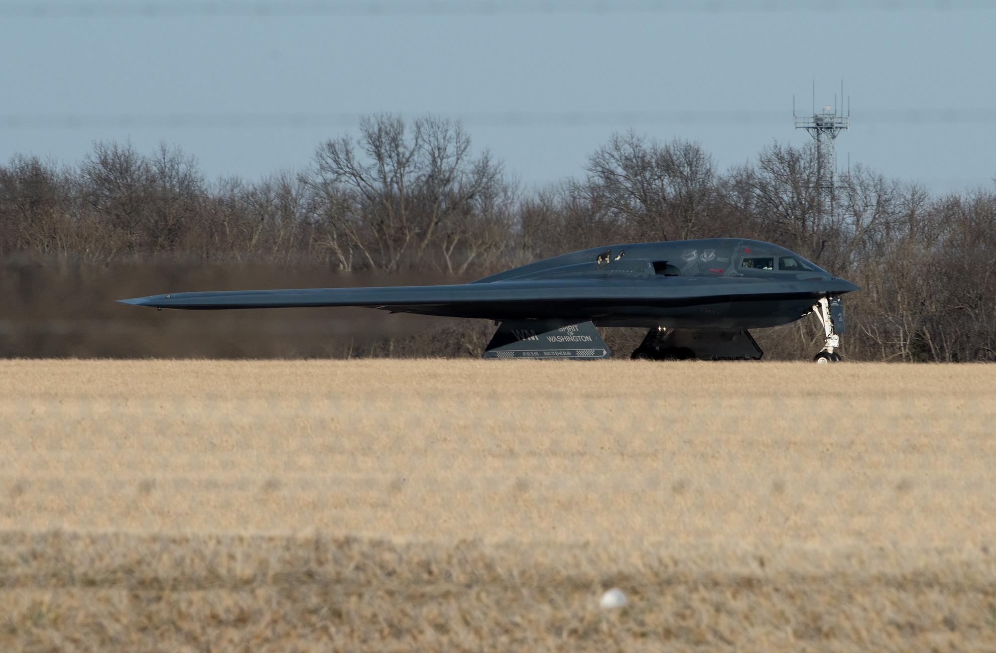 A B-2 Spirit Stealth Bomber takes off at Whiteman Air Force Base, Missouri, March 8, 2020. The B-2 is slated to support U.S. Strategic Command Bomber Task Force operations in Europe. These missions provide opportunities to train and work with our allies and partners in joint and coalition operations and exercises. (U.S. Air Force photo by Airman 1st Class Christina Carter)