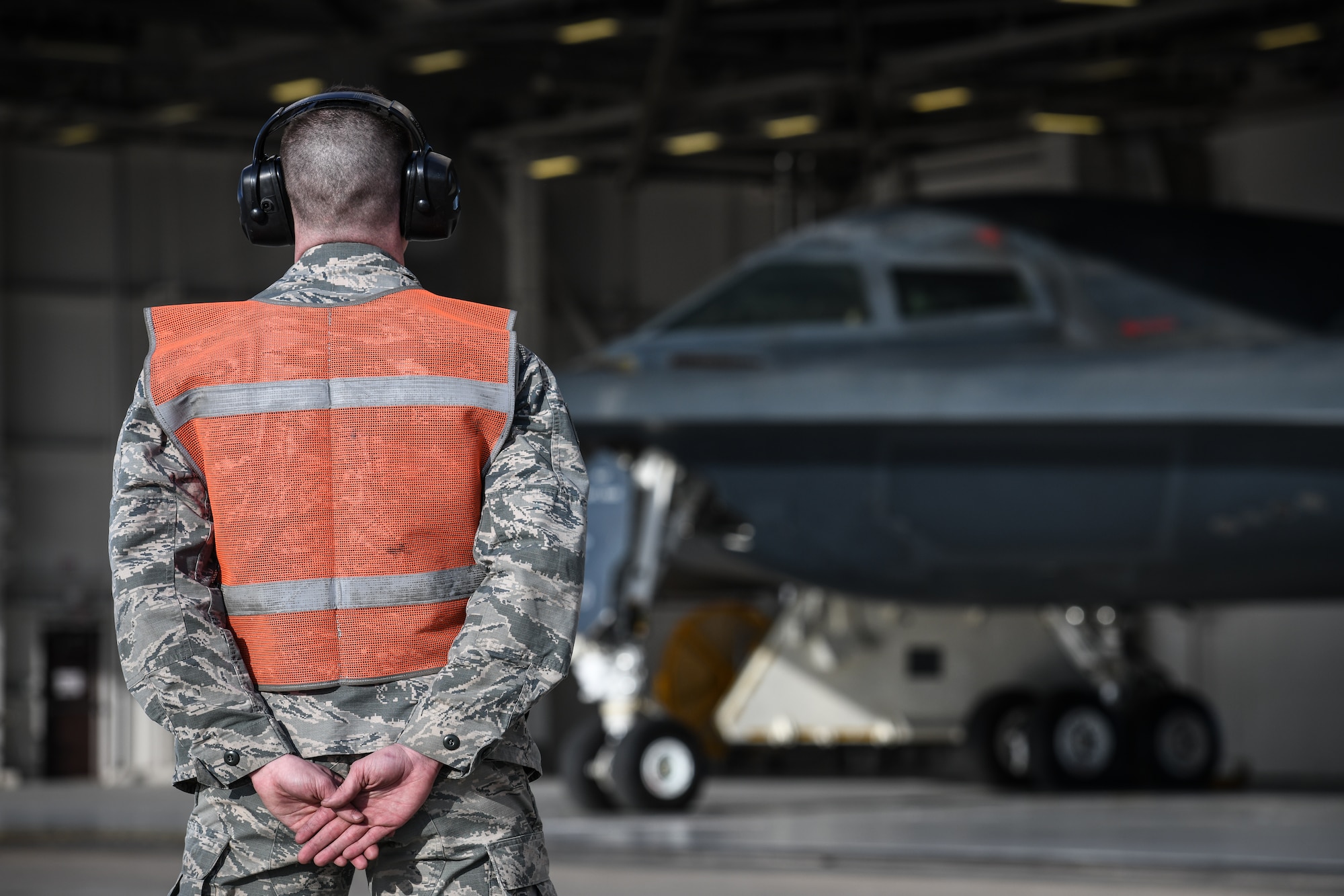 U.S. Air National Guard Staff Sgt. Larry Brown, a B-2 crew chief assigned to the 131st Aircraft Maintenance Squadron, readies a B-2 Spirit for flight at Whiteman Air Force Base, Missouri, March 8, 2020. The B-2 took off from Whiteman AFB to support U.S. Strategic Command Bomber Task Force operations in Europe. The 131st Bomb Wing is the total-force partner unit to the 509th Bomb Wing. (U.S. Air Force photo by Tech. Sgt. Alexander W. Riedel)