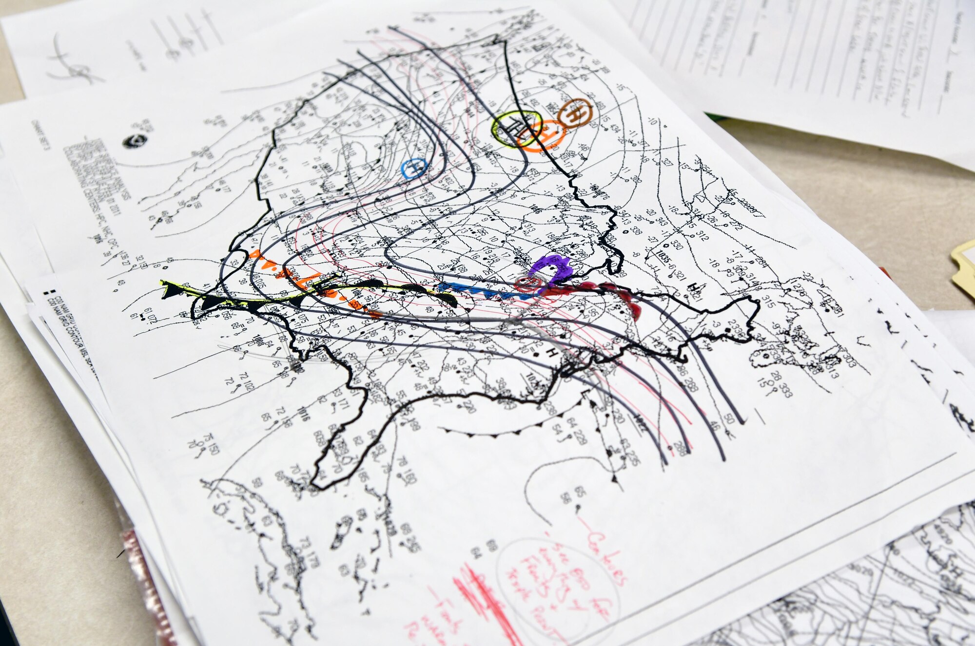 A weather chart used for training is on display in a classroom on top of the Joint Weather Training Facility at Keesler Air Force Base, Mississippi, Jan. 27, 2020. The weather apprentice course, which graduated 650 students this past year, takes 151 academic days to complete. Approximately 7,400 students go through the 335th TRS’s 13 Air Force Specialty Codes each year. (U.S. Air Force photo by Kemberly Groue)