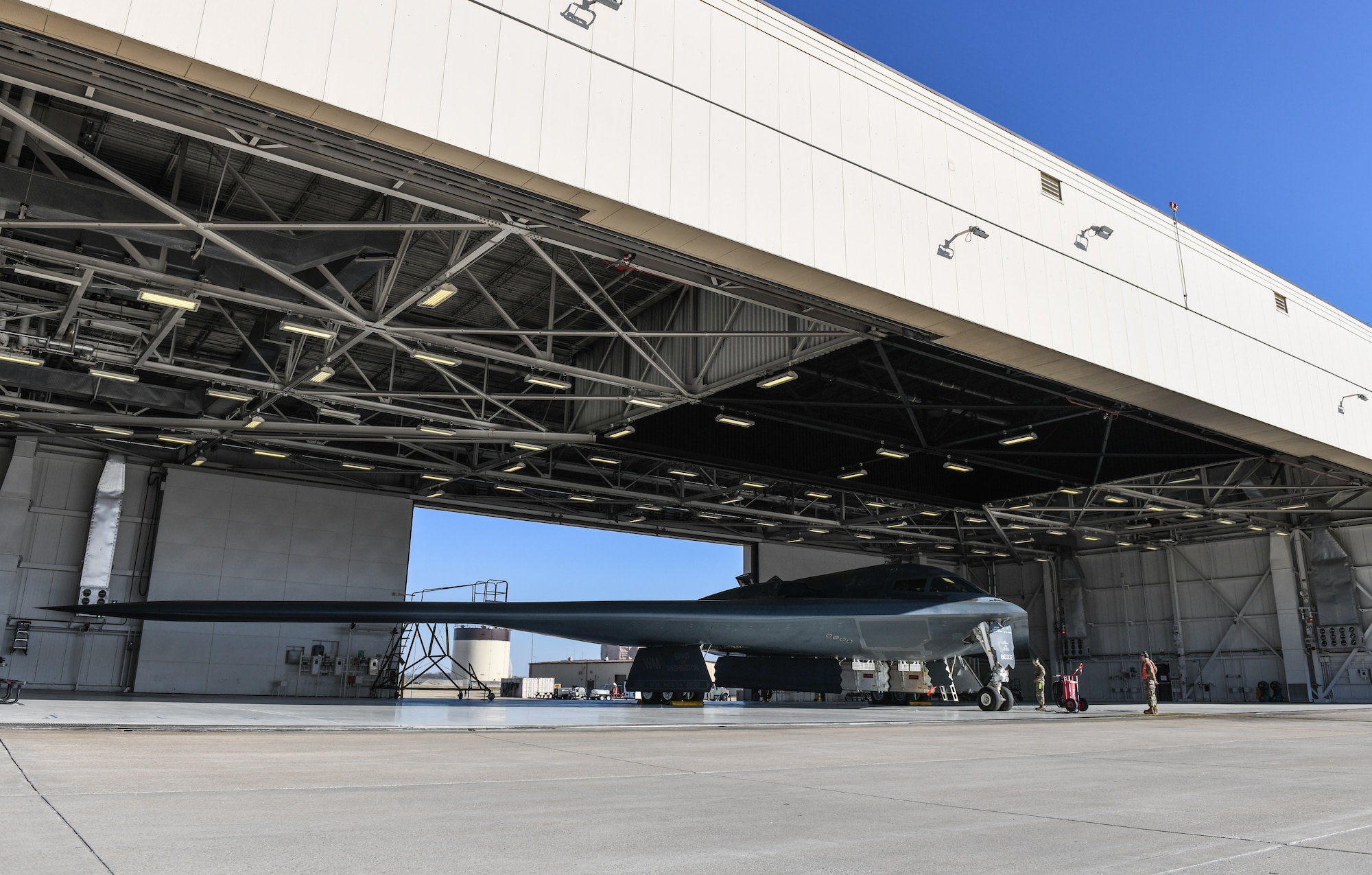 U.S. Air Force crew chiefs assigned to the Air National Guard's 131st Bomb Wing ready their B-2 Spirit for flight at Whiteman Air Force Base, Missouri, March 8, 2020. The B-2 took off from Whiteman AFB to support U.S. Strategic Command Bomber Task Force operations in Europe. The 131st Bomb Wing is the total-force partner unit to the 509th Bomb Wing.  (U.S. Air Force photo by Tech. Sgt. Alexander W. Riedel)
