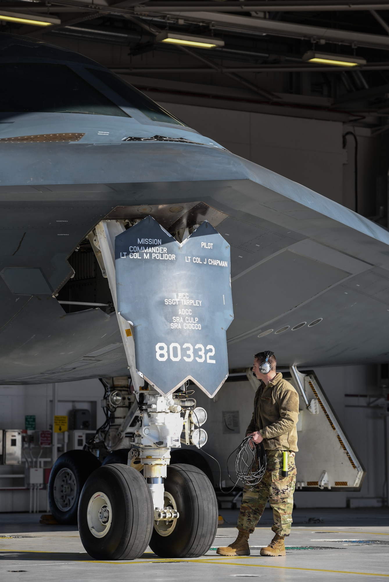 U.S. Air National Guard Tech. Sgt. Justin Aeckerle, a B-2 crew chief assigned to the 131st Maintenance Squadron, readies a B-2 Spirit for flight at Whiteman Air Force Base, Missouri, March 8, 2020. The B-2 took off from Whiteman AFB to support U.S. Strategic Command Bomber Task Force operations in Europe. The 131s Bomb Wing’s 131st MXS is the total-force partner unit to the 509th Bomb Wing. (U.S. Air Force photo by Tech. Sgt. Alexander W. Riedel)