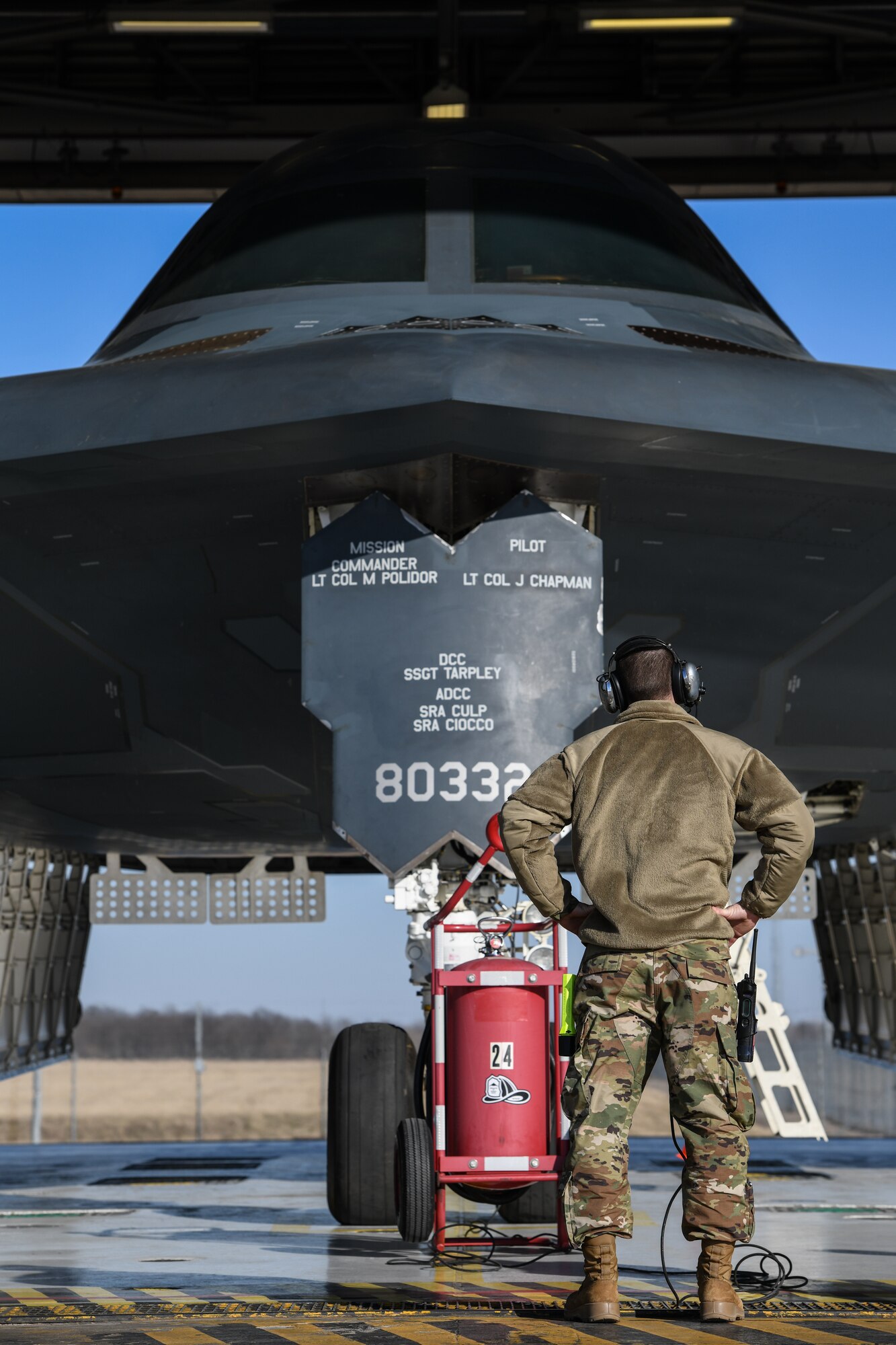 U.S. Air National Guard Tech. Sgt. Justin Aeckerle, a B-2 crew chief assigned to the 131st Maintenance Squadron, readies a B-2 Spirit for flight at Whiteman Air Force Base, Missouri, March 8, 2020. The B-2 crew took off from Whiteman AFB to support U.S. Strategic Command Bomber Task Force operations in Europe. The 131st Bomb Wing’s 131st MXS is a total-force partner unit to the 509th Bomb Wing. (U.S. Air Force photo by Tech. Sgt. Alexander W. Riedel)