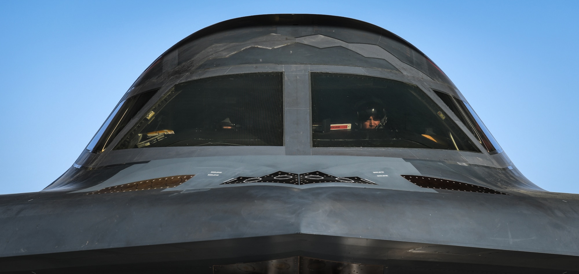 A U.S. Air Force B-2 Spirit aircrew performs pre-flight checks in the cockpit of their aircraft at Whiteman Air Force Base, Missouri, March 8, 2020. The B-2 took off from Whiteman AFB to support U.S. Strategic Command Bomber Task Force operations in Europe. The 131st Bomb Wing is the total-force partner unit to the 509th Bomb Wing.  (U.S. Air Force photo by Tech. Sgt. Alexander W. Riedel)