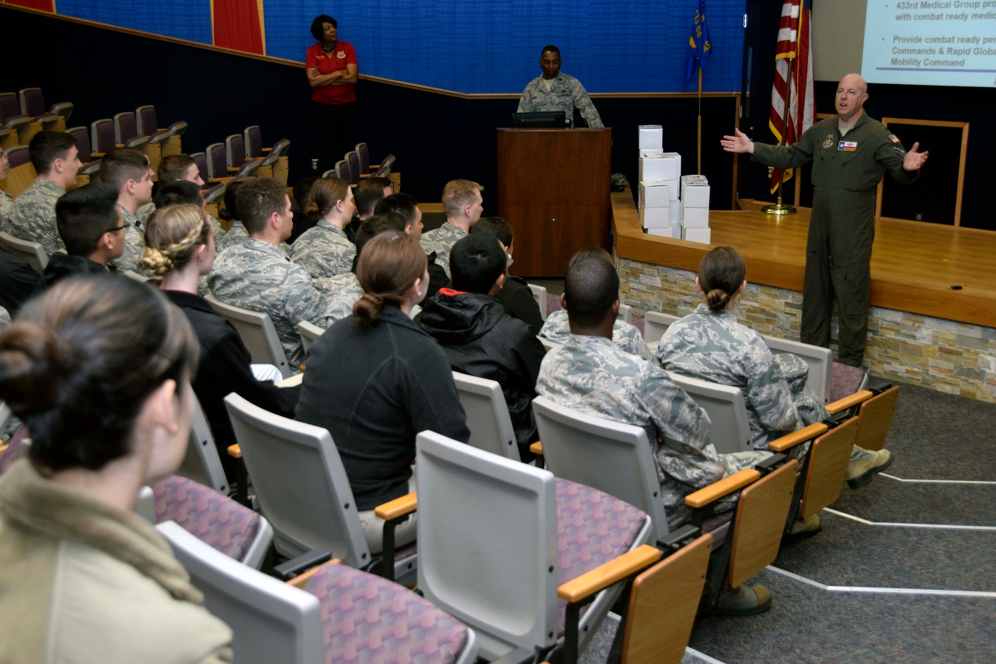 Col. James C. “J.C.” Miller, 433rd Operations Group commander, briefs members of the Air Force Reserve Officer Training Corps Detachment 840 with Texas State University at Joint Base San Antonio-Lackland, March 3, 2020.