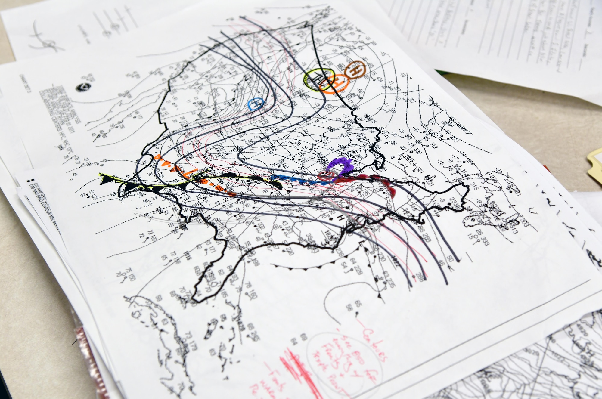 A weather chart used for training is on display in a classroom on top of the Joint Weather Training Facility at Keesler Air Force Base, Mississippi, Jan. 27, 2020. The weather apprentice course, which graduated 650 students this past year, takes 151 academic days to complete. Approximately 7,400 students go through the 335th TRS’s 13 Air Force Specialty Codes each year. (U.S. Air Force photo by Kemberly Groue)
