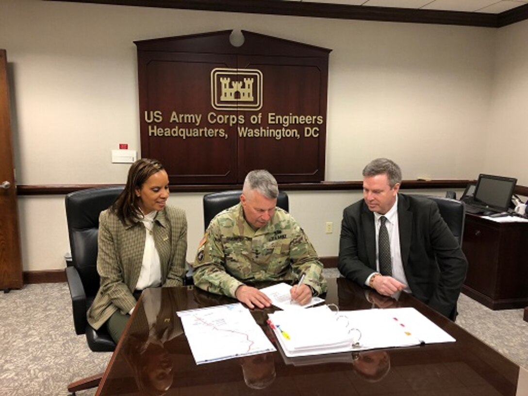 Lt. Gen. Todd T. Semonite, USACE Commanding General and the 54th U.S. Army Chief of Engineers, signed the Chief’s Report for the “Delaware Beneficial Use of Dredged Material for the Delaware River Feasibility Study" in March 2020. Ms. Stacey Brown, Chief of Planning and Policy Division, USACE Headquarters, and Mr. Wesley Coleman, Chief of Office of Water Project Review, USACE Headquarters participated in the official signing ceremony. The study recommends beneficially using dredged material for beach nourishment in multiple Delaware bay communities.