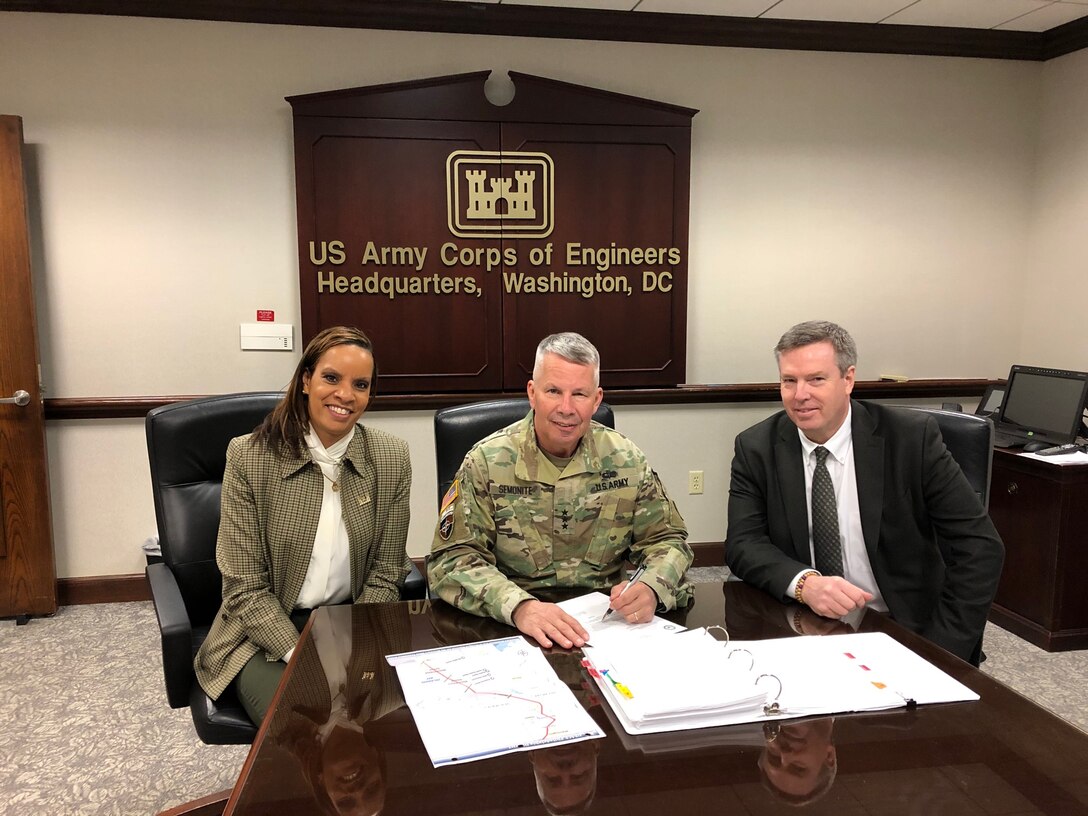 Lt. Gen. Todd T. Semonite, USACE Commanding General and the 54th U.S. Army Chief of Engineers, signed the Chief’s Report for the “Delaware Beneficial Use of Dredged Material for the Delaware River Feasibility Study in March 2020. Ms. Stacey Brown, Chief of Planning and Policy Division, USACE Headquarters, and Mr. Wesley Coleman, Chief of Office of Water Project Review, USACE Headquarters participated in the official signing ceremony. 
The study recommends beneficially using dredged material for beach nourishment in multiple Delaware bay communities.