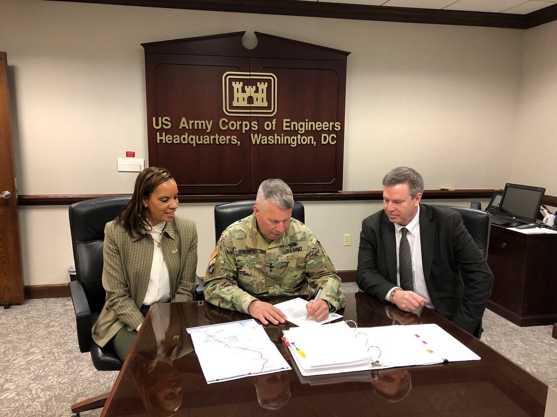 Lt. Gen. Todd T. Semonite, USACE Commanding General and the 54th U.S. Army Chief of Engineers, signed the Chief’s Report for the “Delaware Beneficial Use of Dredged Material for the Delaware River Feasibility Study in March 2020. Ms. Stacey Brown, Chief of Planning and Policy Division, USACE Headquarters, and Mr. Wesley Coleman, Chief of Office of Water Project Review, USACE Headquarters participated in the official signing ceremony. 
The study recommends beneficially using dredged material for beach nourishment in multiple Delaware bay communities.