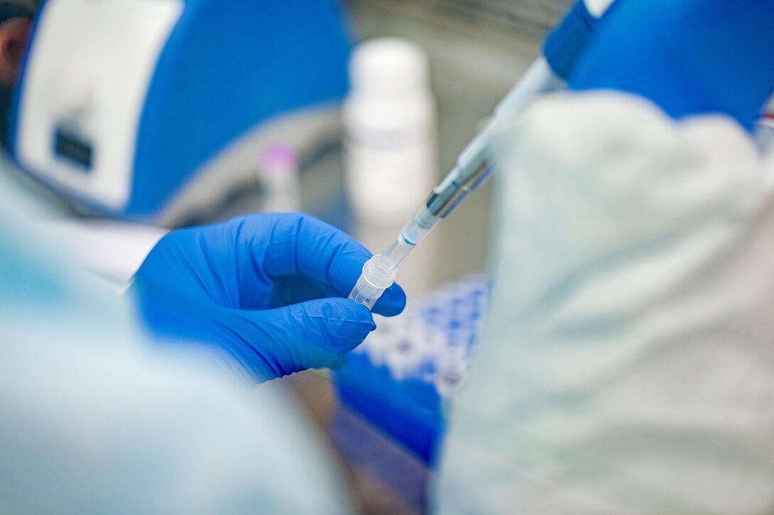 A lab worker wearing blue gloves uses a needle to test cells.