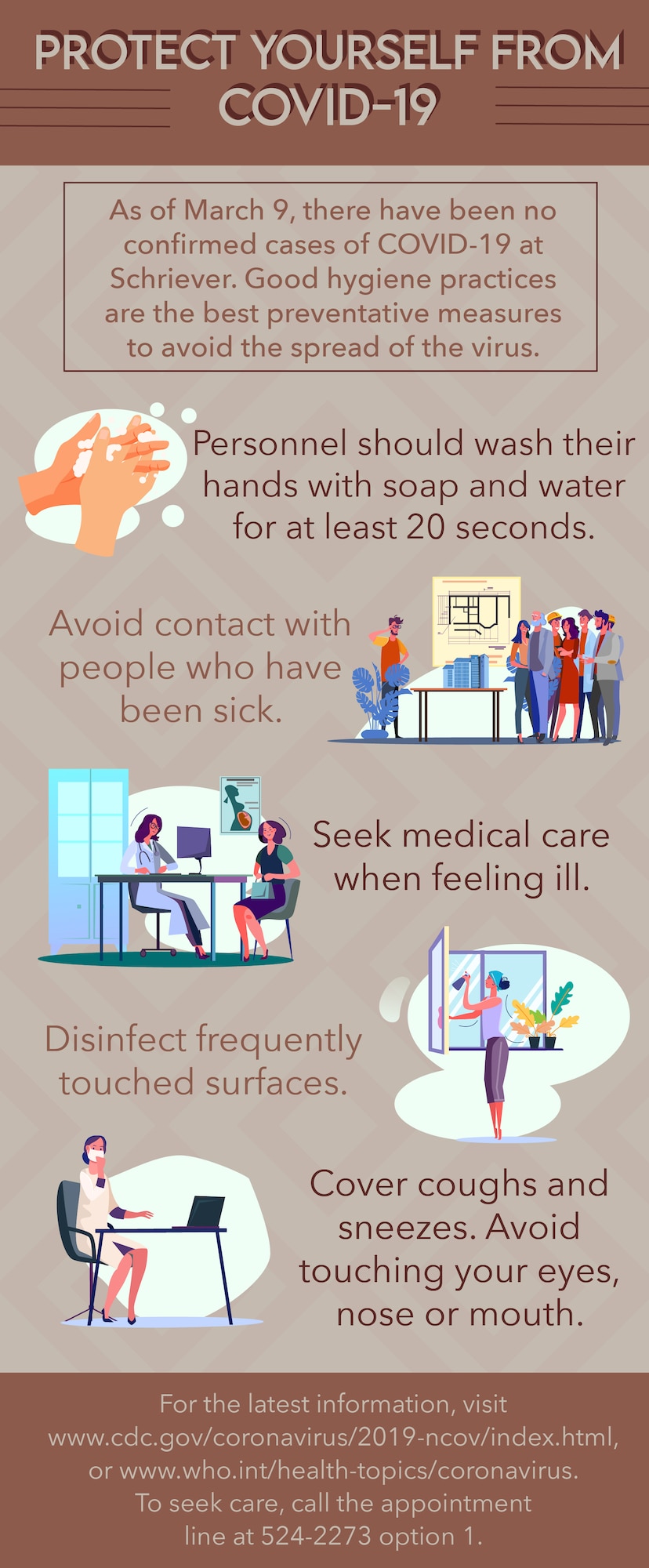 Good hygiene practices are the best preventive measure to control the spread of viruses. Personnel are encouraged to wash their hands with soap and water for at least 20 seconds, avoid contact with those who have been sick, seek medical care when you feel ill and disinfect frequently-touched surfaces to help prevent the spread of COVID-19 and other viruses. Schriever members who are ill are encouraged to call the appointment line at 524-2273 option 1 for care and social distancing, which means staying home and not attending large gatherings until care is accessed. (U.S. Air Force Graphic by Airman Amanda Lovelace)