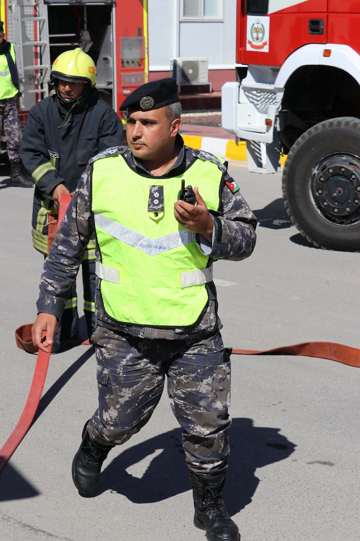 1st Lt. Hammad Hassan Khawaldeh of the Civil Defence Department (CDD) leads emergency response during a training event at the Joint Training Center-Jordan (JTC-J) Wednesday. The CDD and JTC-J partnered on the event with coordination from the Jordan Armed Forces. U.S. Soldiers are in Jordan to conduct partnership training with the JAF and other Jordanian partners. The U.S. has a long-standing partnership with Jordan in regards to joint training that has endured over multiple administrations.