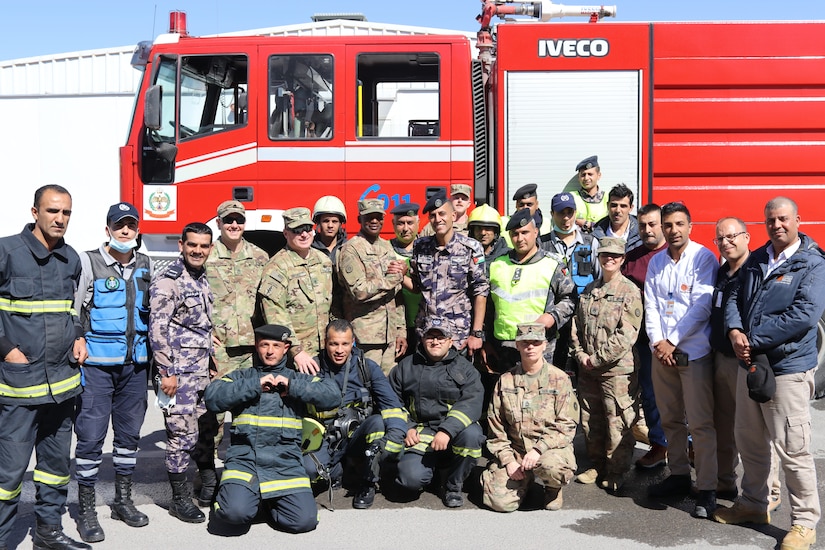 The Civil Defence Department and U.S. Army Soldiers of Joint Training Center-Jordan (JTC-J) celebrate the success of their emergency response training event Wednesday. The CDD and JTC-J partnered on the event with coordination from the Jordan Armed Forces. U.S. Soldiers are in Jordan to conduct partnership training with the JAF and other Jordanian partners. The U.S. has a long-standing partnership with Jordan in regards to joint training that has endured over multiple administrations.