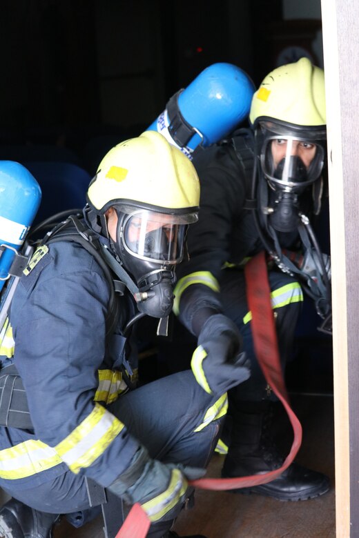 Civil Defence Department (CDD) firefighters respond to a simulated building fire at Joint Training Center-Jordan (JTC-J) Wednesday. The CDD and JTC-J partnered on the event with coordination from the Jordan Armed Forces. U.S. Soldiers are in Jordan to conduct partnership training with the JAF and other Jordanian partners. The U.S. has a long-standing partnership with Jordan in regards to joint training that has endured over multiple administrations.