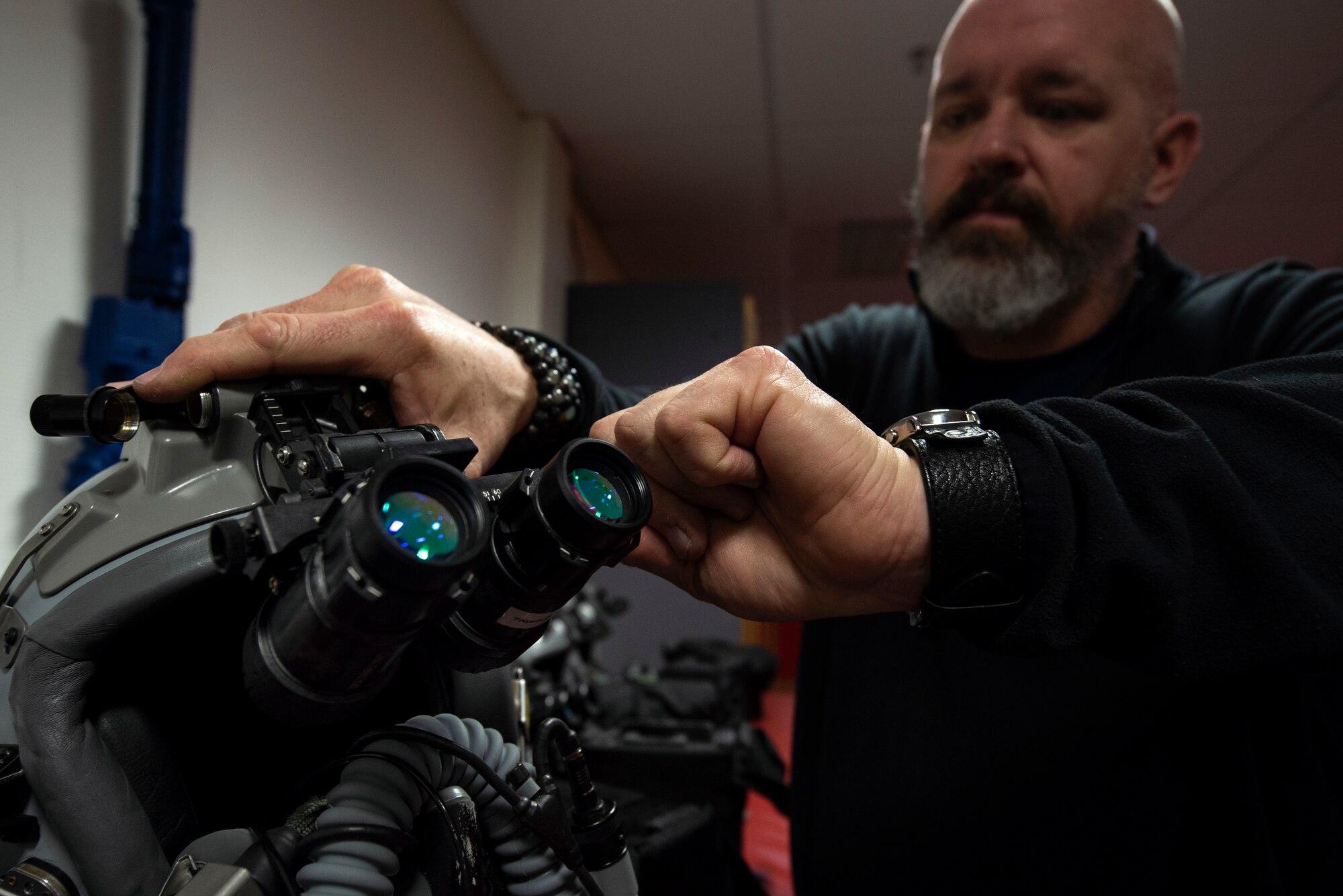 Bill Talton, 52nd Operations Support Squadron aircraft survival equipment repairer, clears out settings on night-vision goggles at Spangdahlem Air Base, Germany, March 4, 2020. Pilots adjust the goggles to match their own eyesight. The 52nd OSS Aircrew Flight Equipment flight is responsible for taking care of all gear pilots need, such as survival kits, parachutes, anti-g suits, and helmets. (U.S. Air Force photo by Senior Airman Valerie R. Seelye)