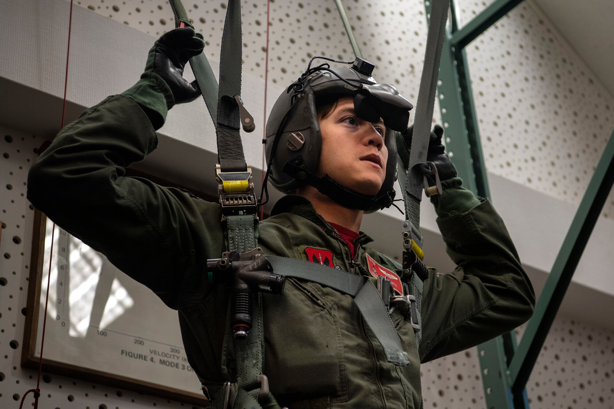 U.S. Air Force Capt. Daniel Hayduchok, 480th Fighter Squadron pilot, uses a virtual-reality parachute system during Survival, Evasion, Resistance, and Escape training at Spangdahlem Air Base, Germany, March 6, 2020. SERE training teaches pilots how to safely hit the ground in a parachute and troubleshoot problems in an emergency scenario. (U.S. Air Force photo by Senior Airman Valerie R. Seelye)