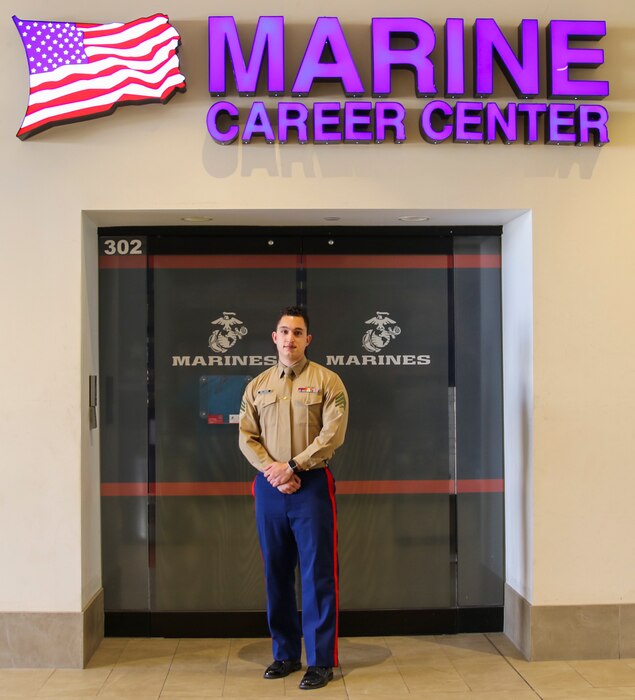 U.S. Marine Corps Sgt. Michael Delgado, a recruiter with Recruiting Substation Burbank, Recruiting Station Los Angeles, 12th Marine Corps District, stands outside his office in Burbank, California, Sept. 24, 2020. The week prior, Delgado performed first-aid to help save a woman’s life during a career fair at John Burroughs High School. (U.S. Marine Corps photo by Sgt. Emily Kirk)
