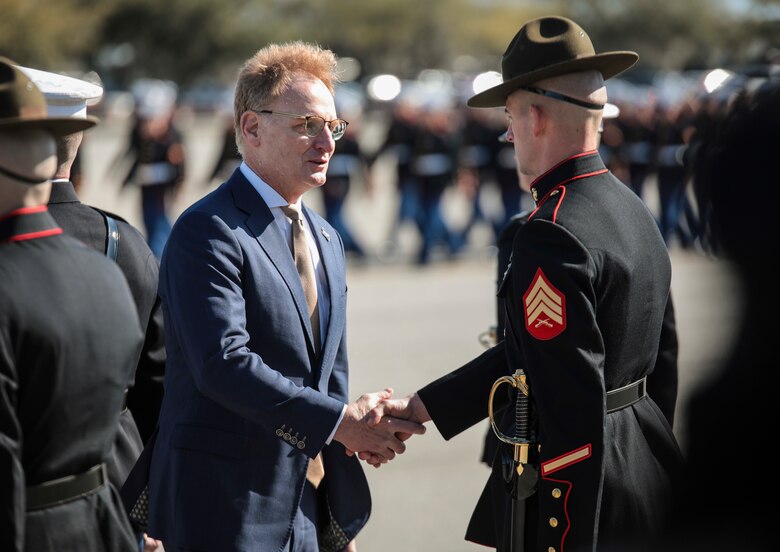 The Honorable Mr. Thomas B. Modly, Secretary of the Navy (Acting), visited Parris Island, S.C. March 6, 2020. Modly visited Parris Island to enhance his understanding of the environment and facilities aboard the depot as an installation in addition to viewing how the U.S. Marine Corps conducts entry-level training.



(U.S. Marine Corps photo by Sgt. Dana Beesley)