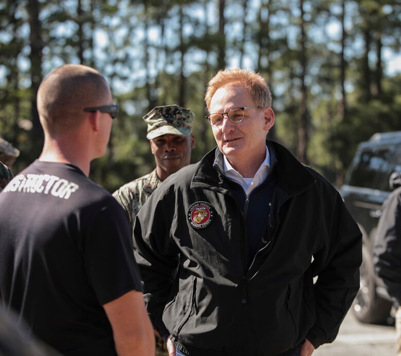 The Honorable Mr. Thomas B. Modly, Secretary of the Navy (Acting), visited Parris Island, S.C. March 6, 2020. Modly visited Parris Island to enhance his understanding of the environment and facilities aboard the depot as an installation in addition to viewing how the U.S. Marine Corps conducts entry-level training.

(U.S. Marine Corps photo by Sgt. Dana Beesley)