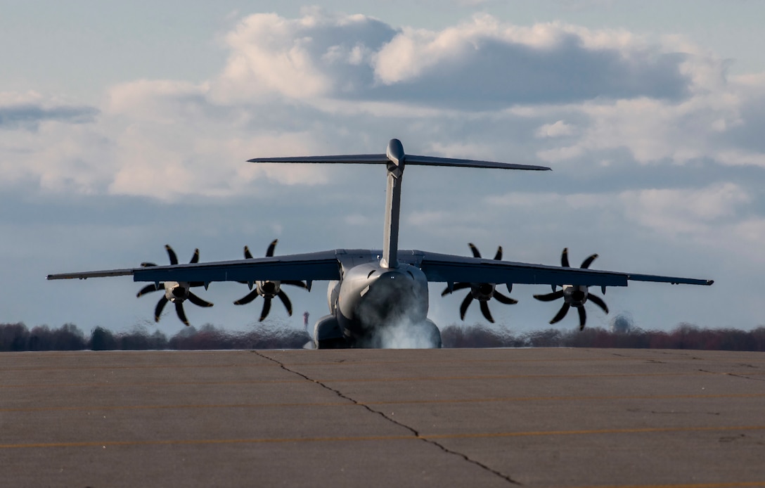 A Spanish A400M Atlas lands at Dover Air Force Base, Delaware, Feb. 27, 2020. The aircraft and crew stopped at Dover AFB on their way to Nellis AFB, Nevada for exercise Red Flag 20-2, a multi-national, air-to-air combat training exercise. (U.S. Air Force photo by Senior Airman Christopher Quail)