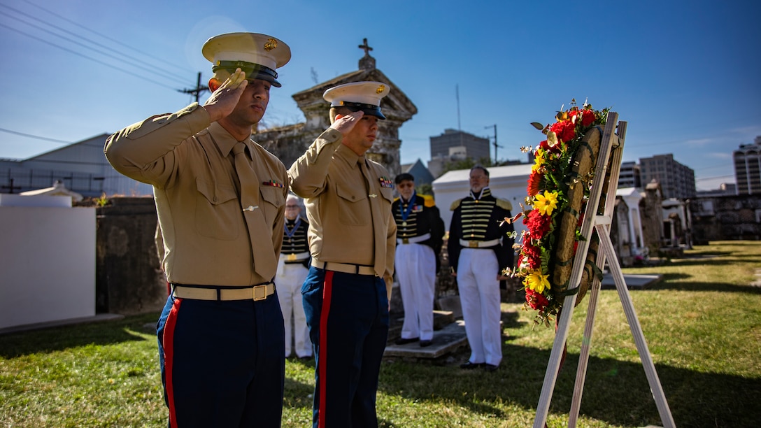 Sgt. Zachary Graves, an administrative clerk, left, with Marine Corps Individual Reserve Support Activity, and Sgt. Jordan Mosher, an air transportation coordination office chief with G-3, place a wreath on Maj. Daniel Carmick’s final resting place at St. Louis Cemetery No. 2, in New Orleans, Nov. 6, 2019. Marine Forces Reserve visits Carmick’s grave site each year to conduct a wreath laying ceremony in honor of his heroic actions in the Battle of New Orleans in the War of 1812. (U.S. Marine Corps photo by Lance Cpl. Jose Gonzalez)