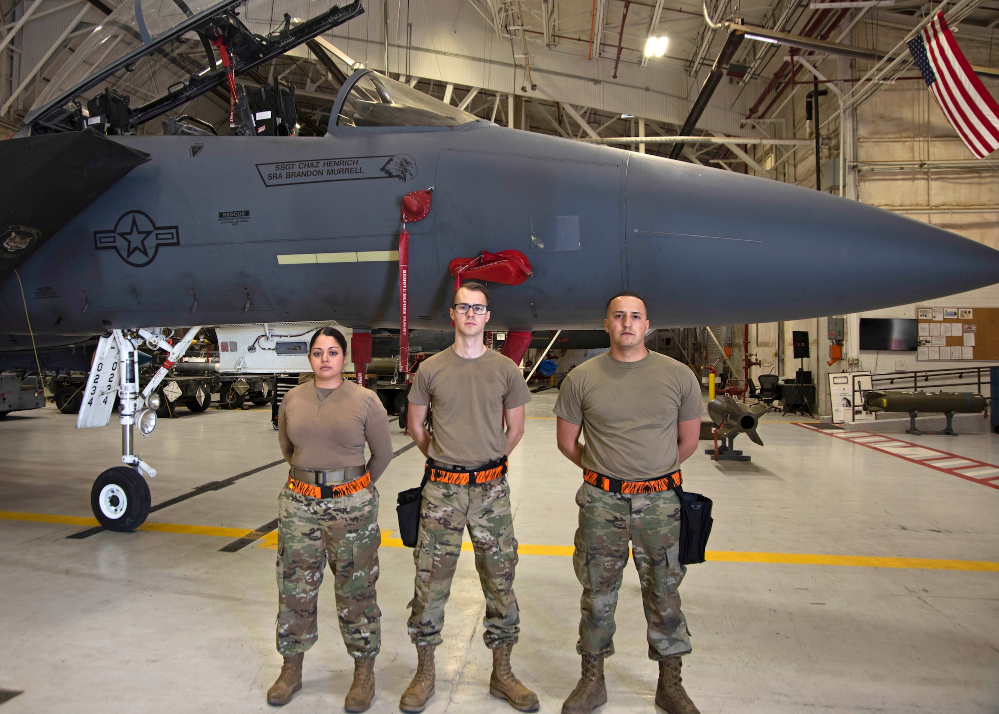 U.S. Air Force load crew members from the 391st Fighter Squadron pose in front of the F-15E Strike Eagle after participating in the Annual Load Crew Competition, Feb. 25, 2020, at Mountain Home Air Force Base, Idaho. The winner of the Annual Load Competition is announced at the Maintenance Professional of the Year Banquet in April. (U.S. Air Force photo by Airman 1st Class Akeem K. Campbell)