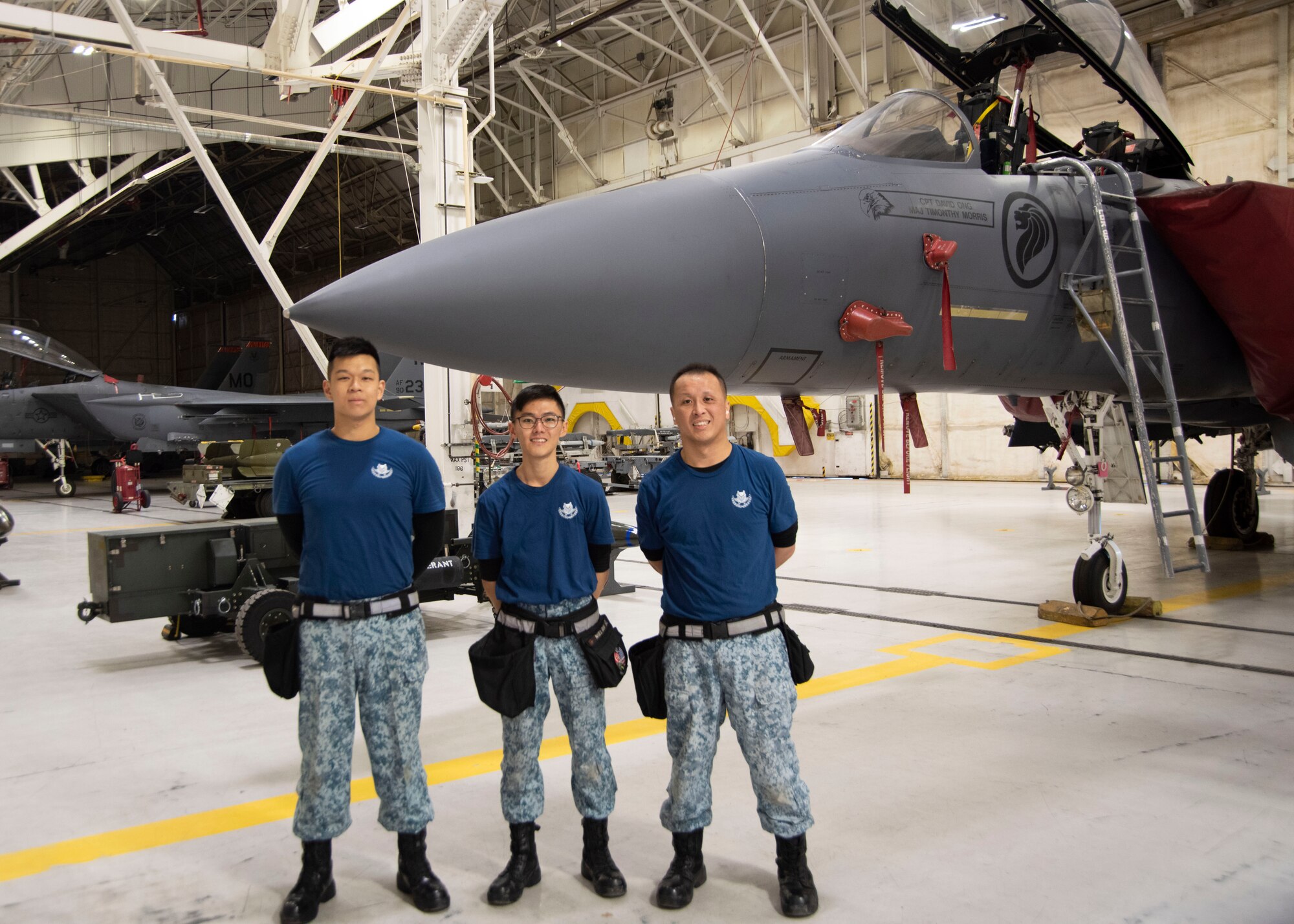 Republic of Singapore air force load crew members from the 428th Fighter Squadron pose in front of the F-15SG Strike Eagle after participating in the Annual Load Crew Competition, Feb. 25, 2020, at Mountain Home Air Force Base, Idaho. The winner of the Annual Load Crew Competition is announced at the Maintenance Professional of the Year Banquet in April. (U.S. Air Force photo by Airman 1st Class Akeem K. Campbell)